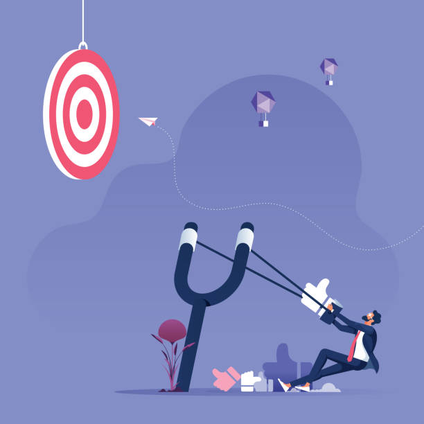 illustrazioni stock, clip art, cartoni animati e icone di tendenza di uomo d'affari che punta come un'icona con una fionda al concetto di social media marketing target - customer target people market