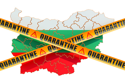 Quarantine in Bulgaria concept. Bulgarian map with caution barrier tapes, 3D rendering isolated on white background