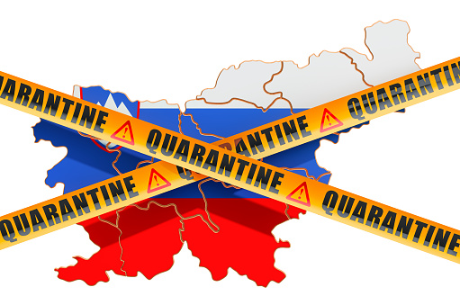 Quarantine in Slovenia concept. Slovenian map with caution barrier tapes, 3D rendering isolated on white background