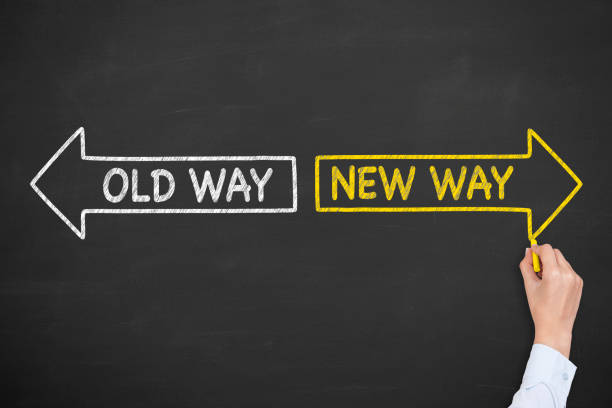 Old Way or New Way with Arrows Symbol on Blackboard Background
