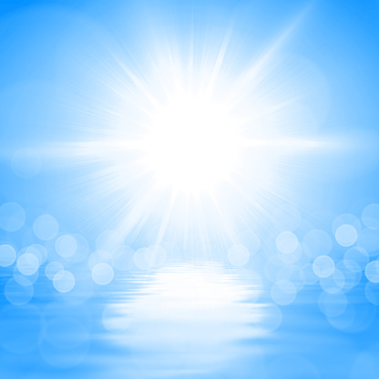 Vector illustration of the sun over the blue water. Summer blue background EPS10. Blue background with a bright white light.