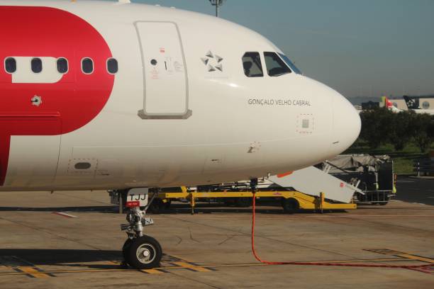 Lisbon, Portugal- March 11, 2020: Plane of the company Tap parked at the Lisbon airport called Humberto Deldado or Portela