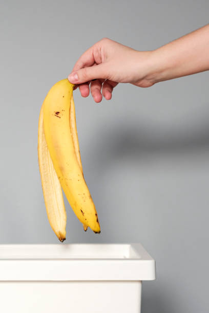 istock Hand puts banana peel in the bin for recycling. 1211877832