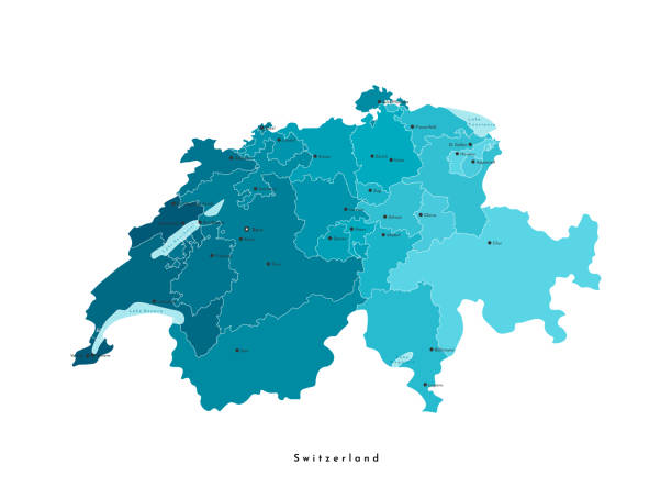 ilustraciones, imágenes clip art, dibujos animados e iconos de stock de vector ilustración aislada moderna. mapa azul administrativo simplificado de suiza. formas azules claros de los lagos. nombres de ciudades y regiones suizas (cantones). - switzerland