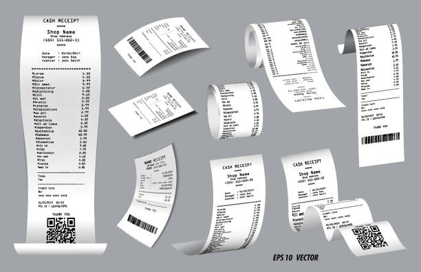 ホワイトペーパーのコンセプトに印刷されたレジスター販売領収書または現金領収書のセット。eps 10 ベクトル - cash register receipt retail supermarket点のイラスト素材／クリップアート素材／マンガ素材／アイコン素材