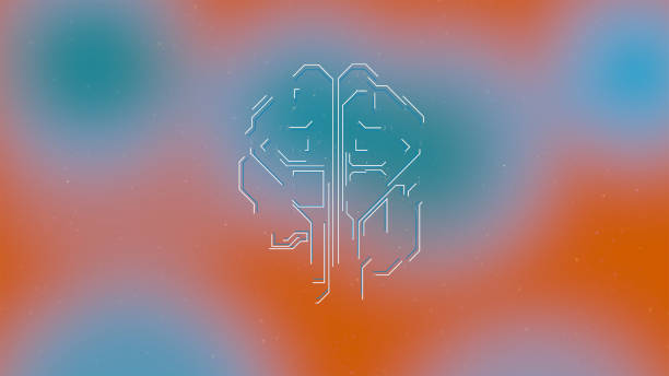 電気脳波を持つ青オレンジ色の背景上の人間の脳のアニメーション3dモデル。 - intelligence communication turning data ストックフォトと画像