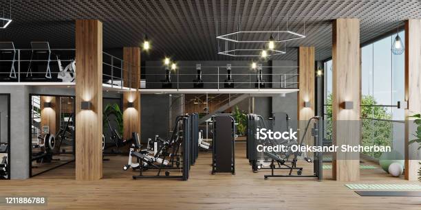 Interni Moderni Della Palestra Con Attrezzature Sportive E Fitness Interni Del Centro Fitness Palestra Di Allenamento Interno Rendering 3d - Fotografie stock e altre immagini di Palestra - Club ginnico