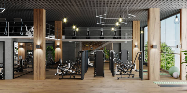 Modern gym interior with sport and fitness equipment, fitness center interior, interior  workout gym, 3d rendering Modern gym interior with sport and fitness equipment, fitness center interior, interior  workout gym, 3d rendering health club stock pictures, royalty-free photos & images