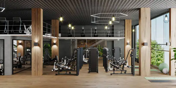 Photo of Modern gym interior with sport and fitness equipment, fitness center interior, interior  workout gym, 3d rendering