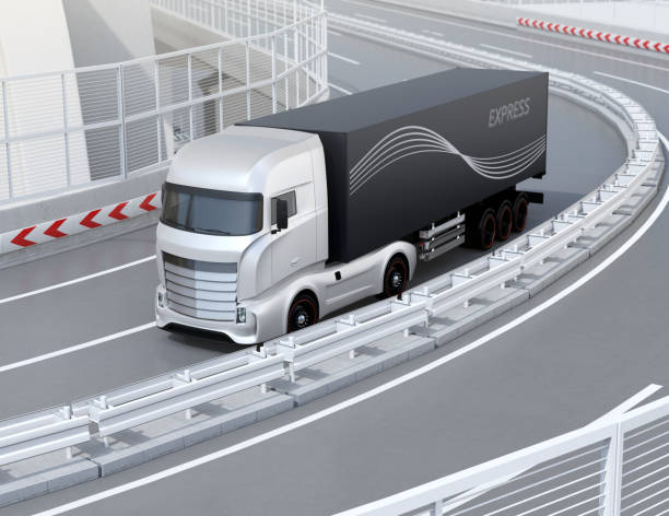 Generic design Heavy Electric Truck passing highway curve Generic design Heavy Electric Truck passing highway curve. 3D rendering image. car carrier semi stock pictures, royalty-free photos & images