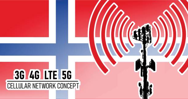 Cellular mobile network tower connection concept for Norway, vector illustration of 3g 4g LTE 5g harmful waves from the tower, danger of 5G networks idea with colors red, blue, white
