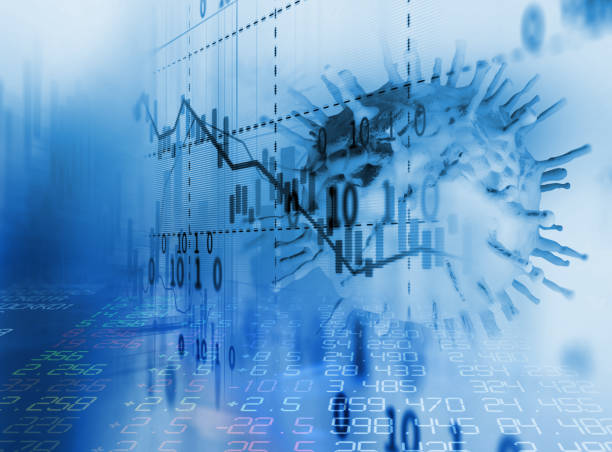 istock Down trend financial graph on nCov corona virus microscope image ,3d illustration 1211893695