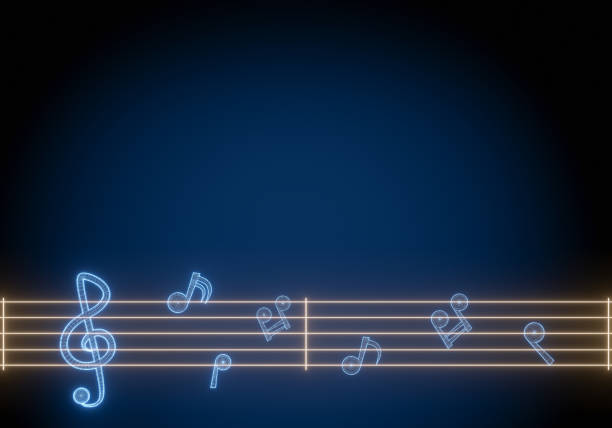 istock Neon wireframe 3D music note in darkness classic blue background. 1211895159