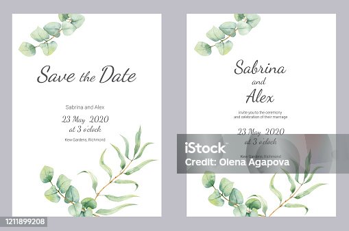 istock Watercolor eucapyptus wedding invitation. Set with invitation and Save the date card on white marble background. Wedding set. 1211899208