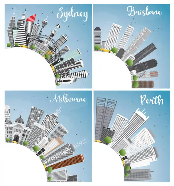 Vector illustration of Australian Cities. Sydney Brisbane Perth and Melbourne City Skyline with Gray Buildings, Blue Sky and Copy Space.