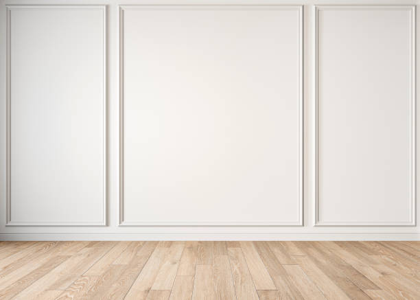 intérieur vide blanc classique moderne avec moulures et plancher en bois. - plancher photos et images de collection