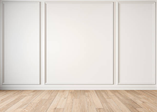 istock Modern classic white empty interior with moldings and wooden floor. 1211902810