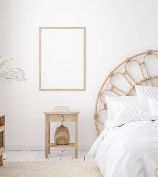 istock Mockup frame in Coastal boho style bedroom interior 1211905701