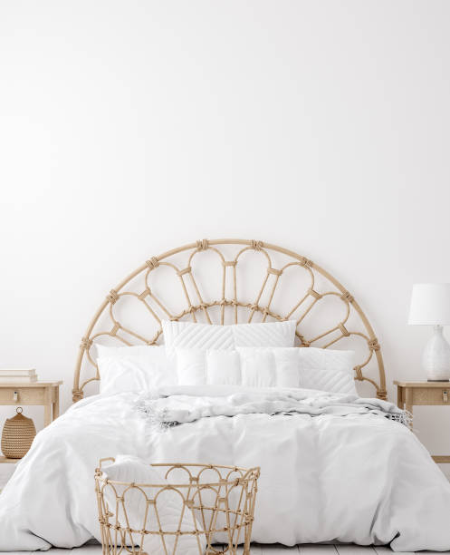 istock Coastal boho style bedroom interior, wall mockup 1211907285