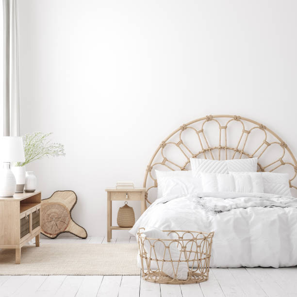 istock Coastal boho style bedroom interior, wall mockup 1211907297