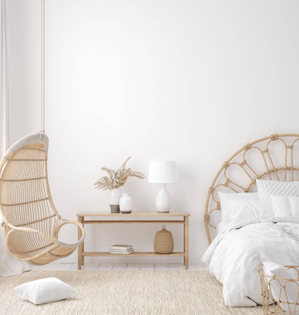 istock Coastal boho style bedroom interior, wall mockup 1211907476