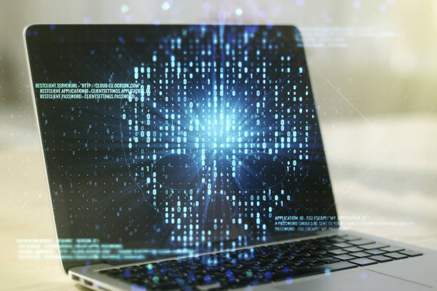 istock Creative code skull sketch on modern laptop background, theft of personal data and malware concept. Multiexposure 1211908361