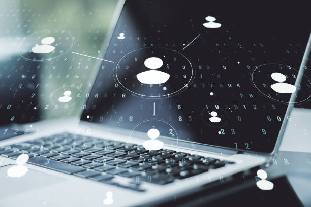 istock Social network media concept with modern computer on background. Double exposure 1211908917