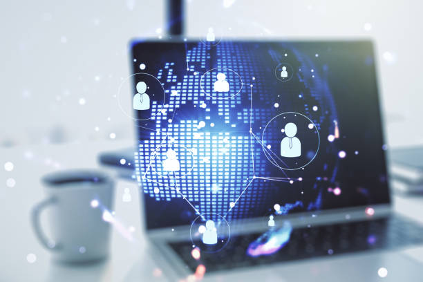 istock Social network concept with world map and modern laptop on background. Multiexposure 1211909029