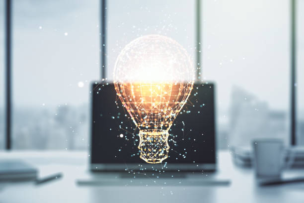 istock Creative idea concept with light bulb illustration on modern laptop background. Multiexposure 1211909068