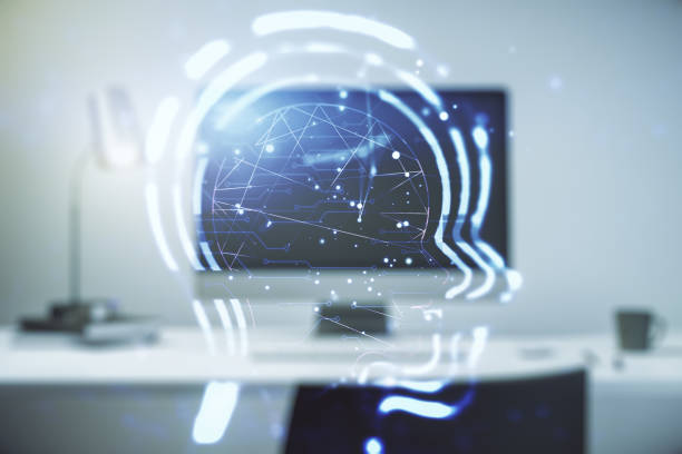 istock Creative artificial Intelligence concept with human head hologram on modern laptop background. Multiexposure 1211909211
