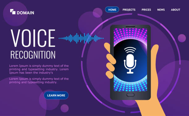 Voice biometrics technology for personal identity recognition and access authentication. Voice biometrics technology for personal identity recognition and access authentication. Digital audio sound scanner on ultraviolet background. vector illustration. home recording studio setup stock illustrations