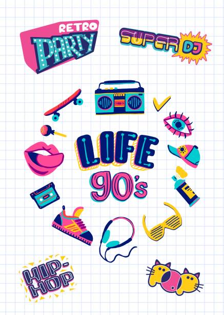 ilustrações, clipart, desenhos animados e ícones de modelo de pôster de festa retrô com letras. música dos anos 90, banner estilo desenho animado dos anos 90. ilustração vetorial - grunge paper audio