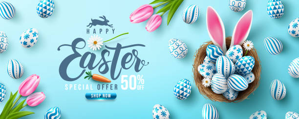 istock Easter poster and banner template with Easter eggs in the nest on light green background.Greetings and presents for Easter Day in flat lay styling.Promotion and shopping template for Easter 1211917110