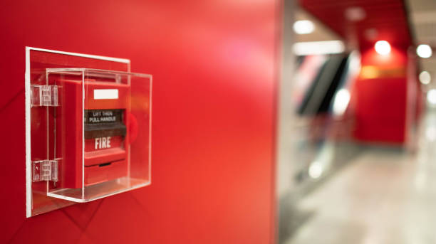 Fire alarm on the wall in subway in Bangkok,  At the Bangkok subway fire warning equipment for emergency. stock photo