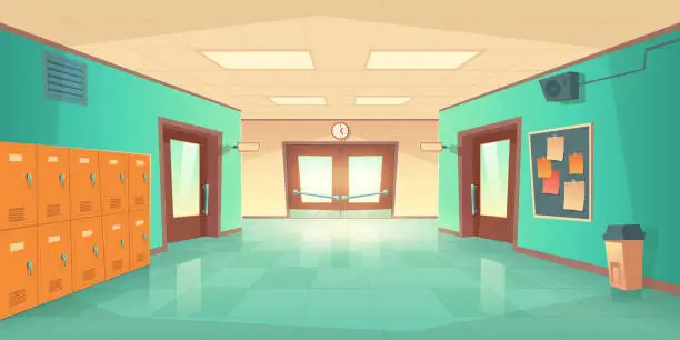 Vector illustration of School hallway interior with doors and lockers