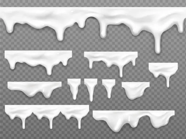 Vector illustration of Realistic dripping milk drops, melted white liquid