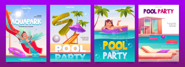 ilustraciones, imágenes clip art, dibujos animados e iconos de stock de niños aquapark piscina fiesta pancartas conjunto, invitación - inflatable child playground leisure games