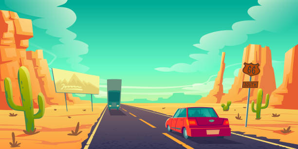 Road in desert with cars ride long asphalt highway Road in desert with cars riding long asphalt highway with 66 route sign, ad billboard, rocks and cacti. Roadway landscape with skyline, rocky barren wasteland. Travel trip cartoon vector illustration number 66 stock illustrations