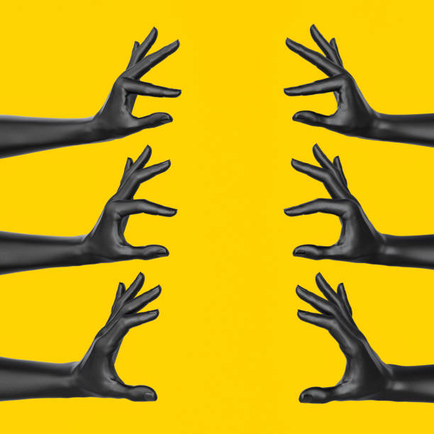 istock Set of two empty hands holding something big and small, showing minimum and maximum sizes. Isolated on yellow. 3d illustration 1211924254