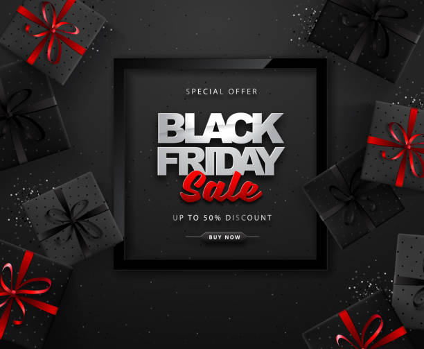 istock Black friday sale banner with gift boxes on dark black background 1211924858