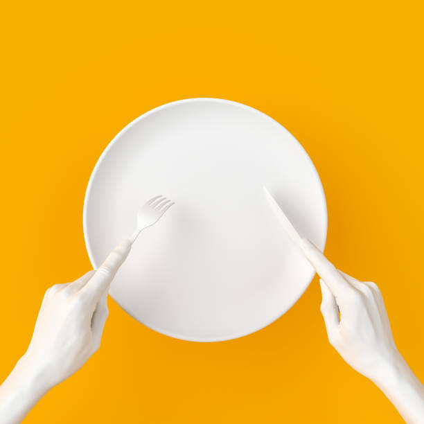 istock Abstract food restaurant concept banner. Isolated white empty plate, hands holding fork and knife, top view 3d rendering. 1211924933