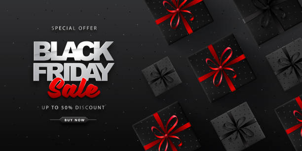 istock Black friday sale banner with gift boxes on dark black background 1211924962