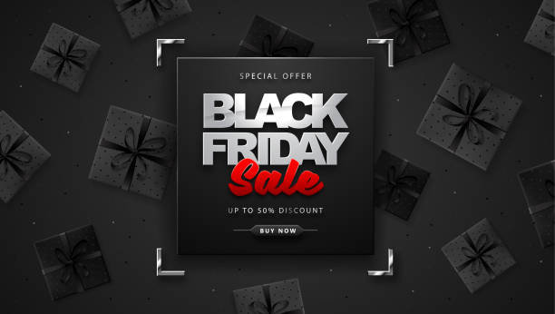 istock Black friday sale banner with gift boxes on dark black background 1211924968