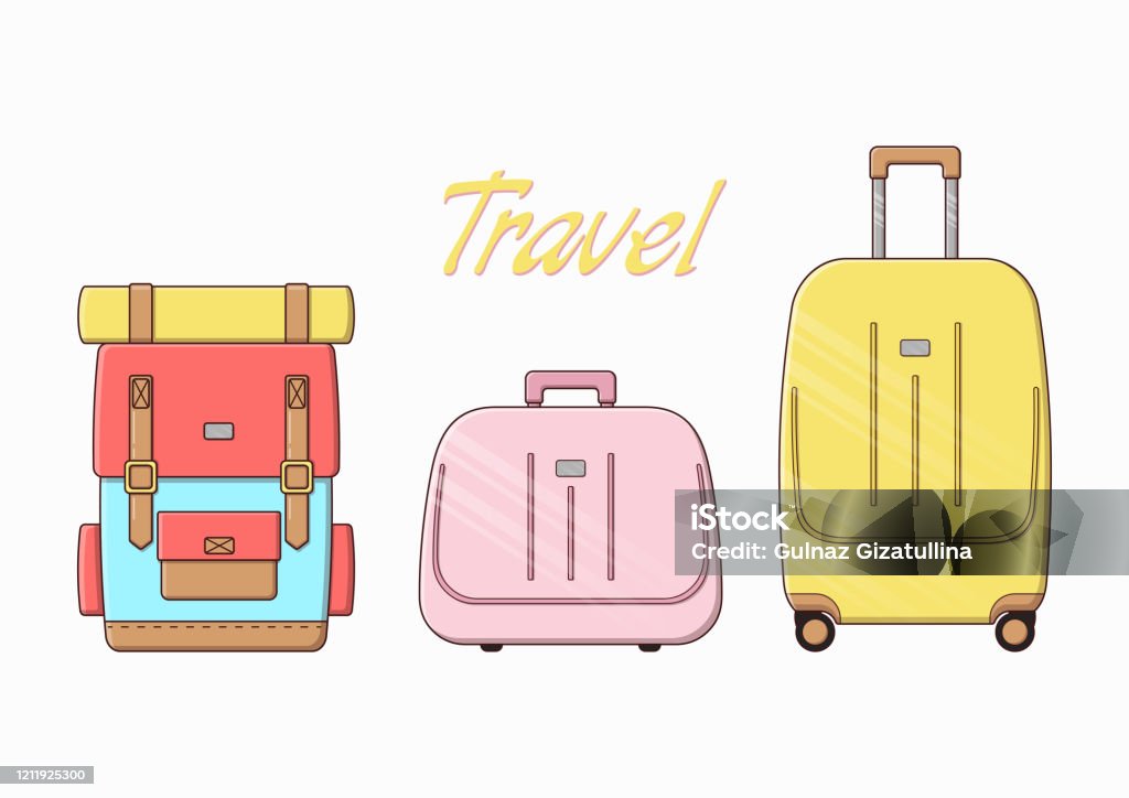 Vector Illustration Of Hand Luggage Set Of Cute Travel Bags A Plastic  Suitcase And A Large Backpack Stock Illustration - Download Image Now -  iStock