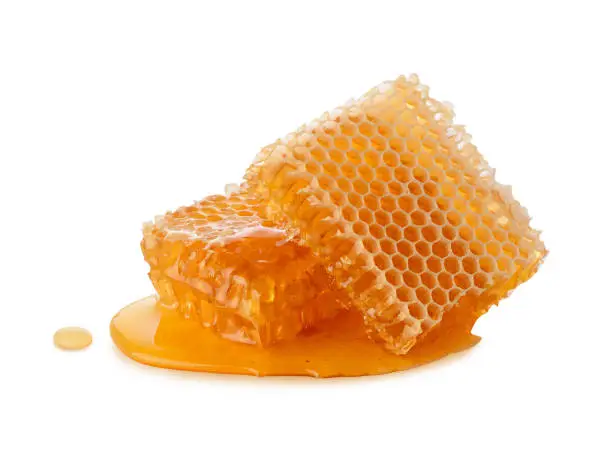 Photo of Honeycomb honey and liquid honey isolated on white background