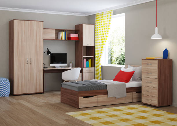 acogedor dormitorio elegante diseñado para un adolescente. interior luminoso con detalles luminosos. renderizado 3d. - domestic room child furniture nobody fotografías e imágenes de stock