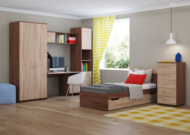 acogedor dormitorio elegante diseñado para un adolescente. interior luminoso con detalles luminosos. renderizado 3d. - domestic room child furniture nobody fotografías e imágenes de stock