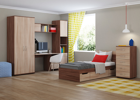 Cozy stylish bedroom designed for a teenager. Bright interior with bright accents. 3D rendering.
