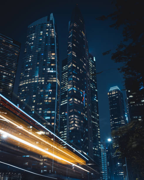 Singapore Cityscape Downtown with moving vehicles light streak