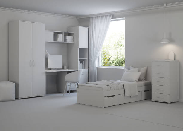 accogliente camera da letto elegante progettata per un adolescente. interno grigio. rendering 3d. - domestic room child furniture nobody foto e immagini stock